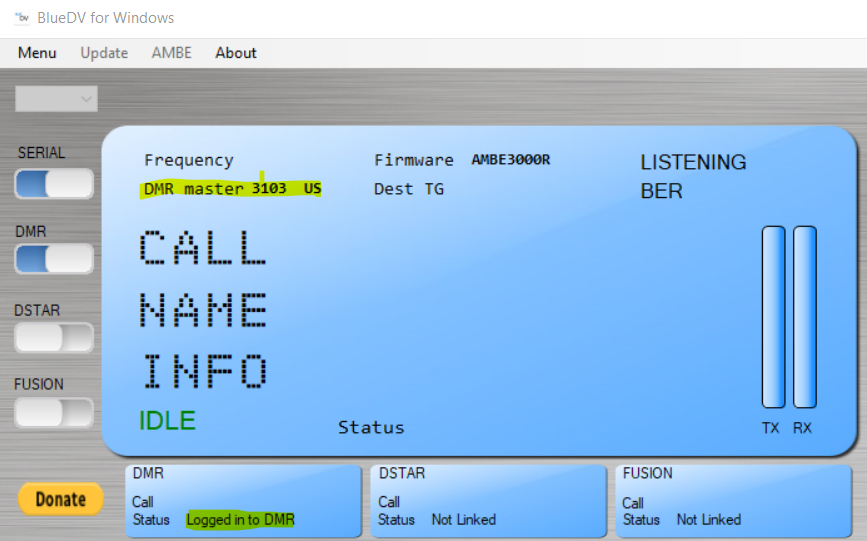 Main Status Area showing a successfully connected to BM